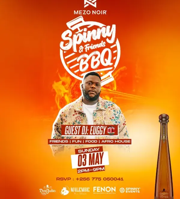 Join Spinny & Friends BBQ at Mezo Noir on May 3rd, 2026, from 2 PM to 5 PM. Enjoy afro house music, great food, drinks, and performances from top Ugandan and international DJs.