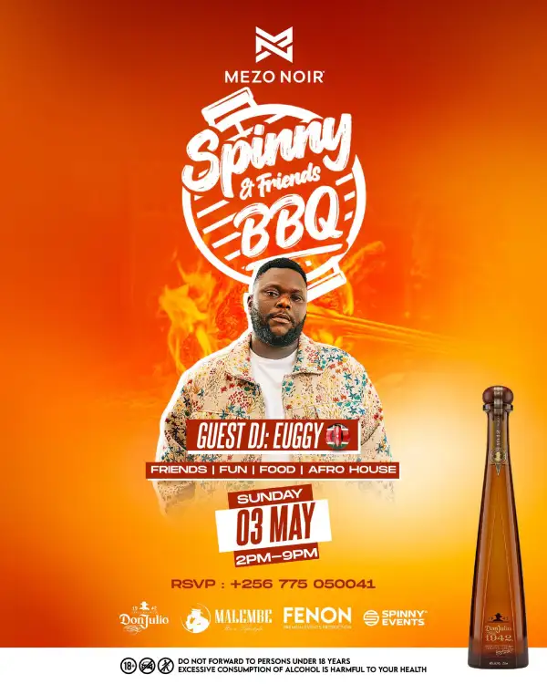 Join Spinny & Friends BBQ at Mezo Noir on May 3rd, 2026, from 2 PM to 5 PM. Enjoy afro house music, great food, drinks, and performances from top Ugandan and international DJs.
