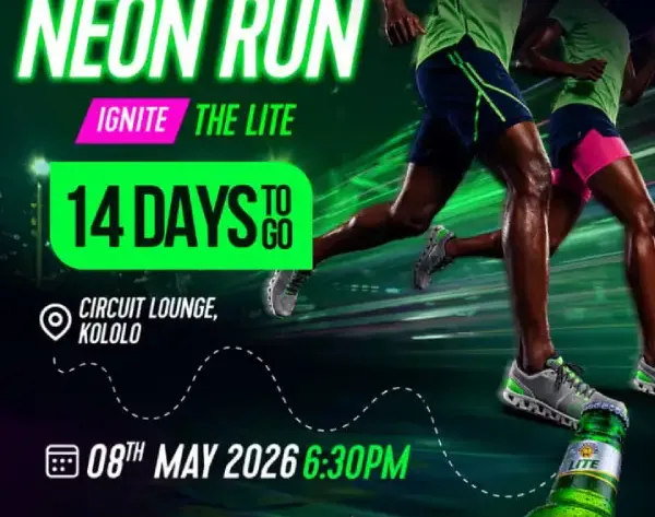 Join the Tusker Lite Neon Run on May 8th, 2026 at Circuit Lounge Kololo. Register for UGX 20K and enjoy a fun run and free Tusker Lite beers.