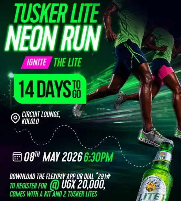Join the Tusker Lite Neon Run on May 8th, 2026 at Circuit Lounge Kololo. Register for UGX 20K and enjoy a fun run and free Tusker Lite beers.