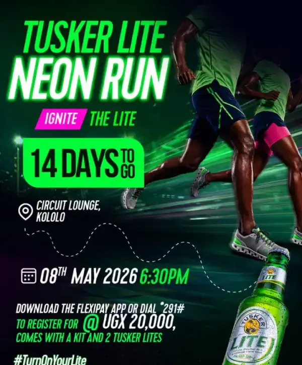 Join the Tusker Lite Neon Run on May 8th, 2026 at Circuit Lounge Kololo. Register for UGX 20K and enjoy a fun run and free Tusker Lite beers.