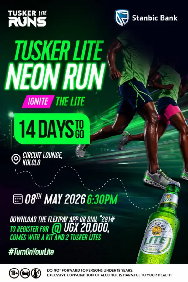 Join the Tusker Lite Neon Run on May 8th, 2026 at Circuit Lounge Kololo. Register for UGX 20K and enjoy a fun run and free Tusker Lite beers.