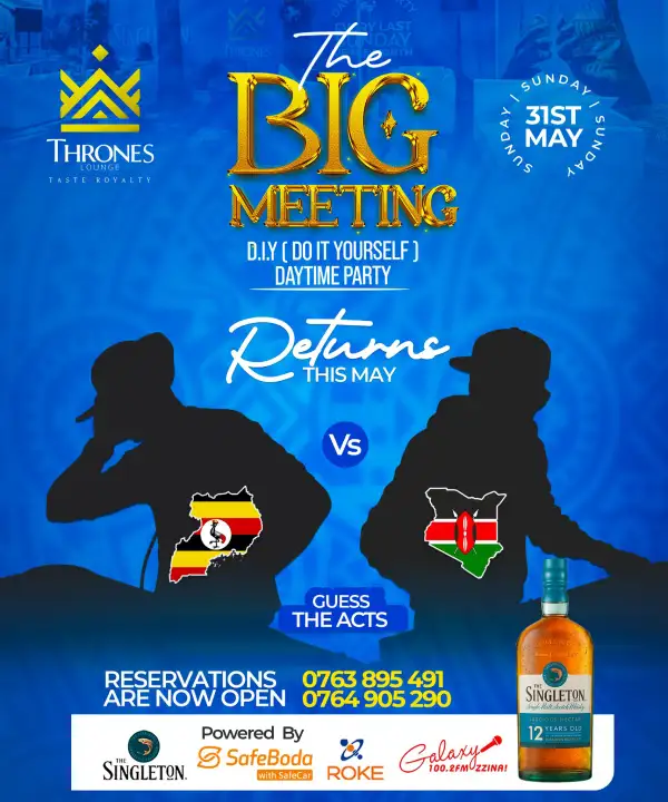 Join The Big Meeting on Sunday 31st May at Thrones Lounge for a daytime party experience featuring Uganda vs Kenya DJ battles and Singleton.