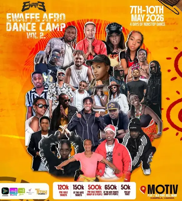 Join Ewaffe Afro Dance Camp Vol 2 from May 7th to 10th, 2026 at Motiv Kampala. Enjoy four days of nonstop dance, energy, and culture. Get your tickets now.