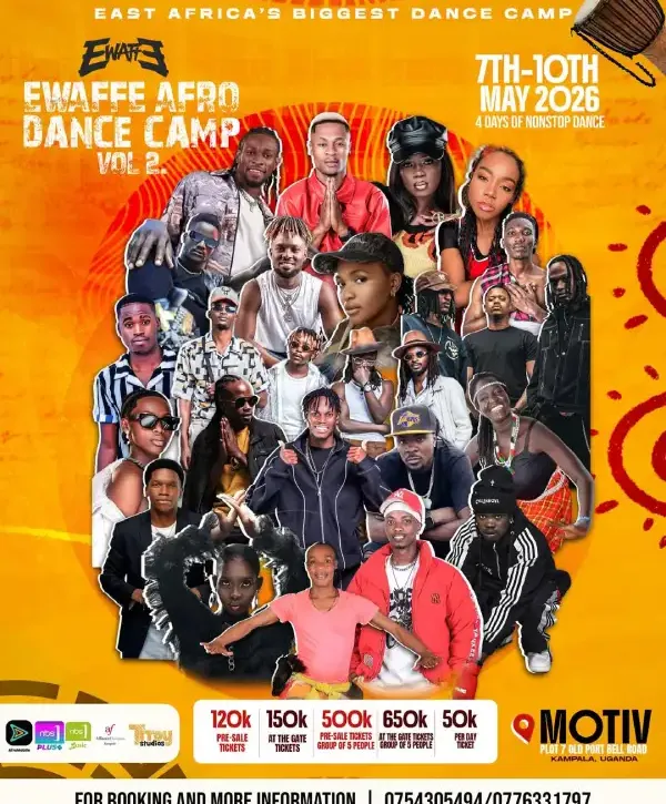 Join Ewaffe Afro Dance Camp Vol 2 from May 7th to 10th, 2026 at Motiv Kampala. Enjoy four days of nonstop dance, energy, and culture. Get your tickets now.