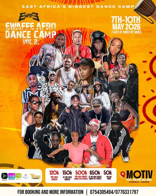 Join Ewaffe Afro Dance Camp Vol 2 from May 7th to 10th, 2026 at Motiv Kampala. Enjoy four days of nonstop dance, energy, and culture. Get your tickets now.