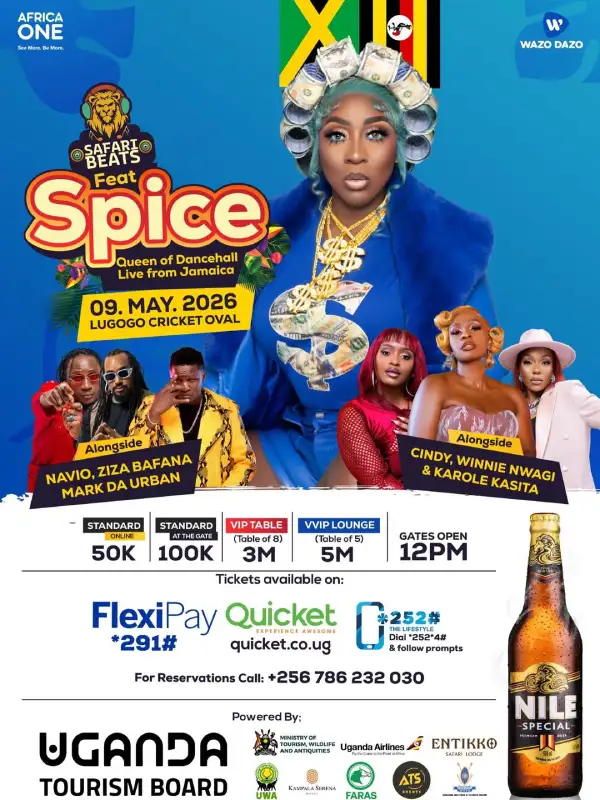 Join Safari Beats Kampala on May 9th, 2026 at Lugogo Cricket Oval featuring Spice Queen of Dancehall and top Ugandan dancehall stars. Enjoy music, vibes, and drinks from 12 PM till late.