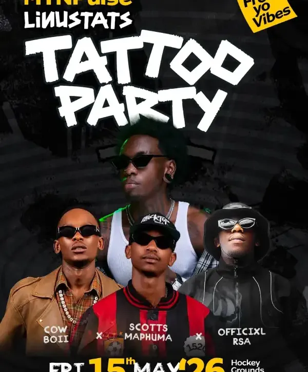 Join the Linus Tats Tattoo Party on 15th May 2026 at Hockey Grounds Lugogo. Enjoy top amapiano acts from Uganda and South Africa, powered by MTN Pulse and unmatched vibes.