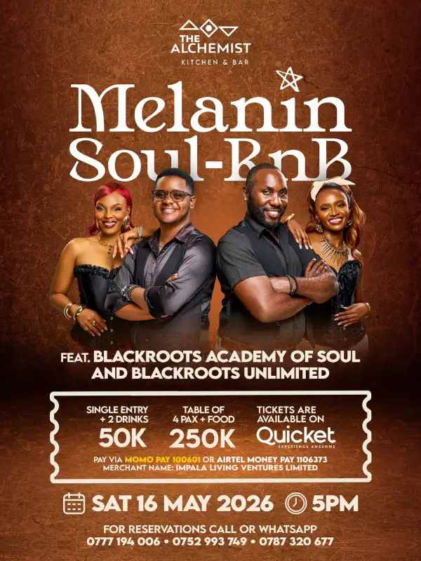 Experience Melanin Soul-RnB in Kampala on 16th May 2026 at The Alchemist Kitchen & Bar. Enjoy live performances from Blackroots bands, food, drinks, and vibrant vibes. Book your table now.
