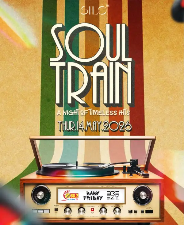 Experience Soul Train on 14 May 2026 at Silo 15 in Kampala. Enjoy timeless hits, great energy, and an unforgettable night from 5 PM till late.