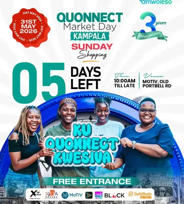 Join Quonnect Market Day on 31st May at Motiv Kampala. Enjoy free entry, shopping stalls, food, drinks, and live entertainment from 10 AM till late.